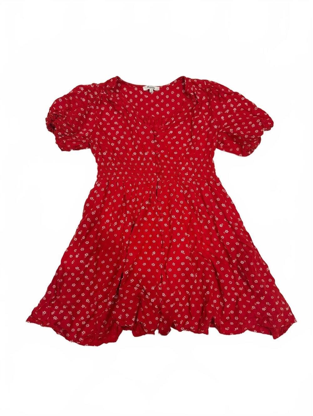 Madewell Sophia Red Bandana Floral Smocked Puff Sleeve Mini Dress Size Medium - Picture 5 of 9